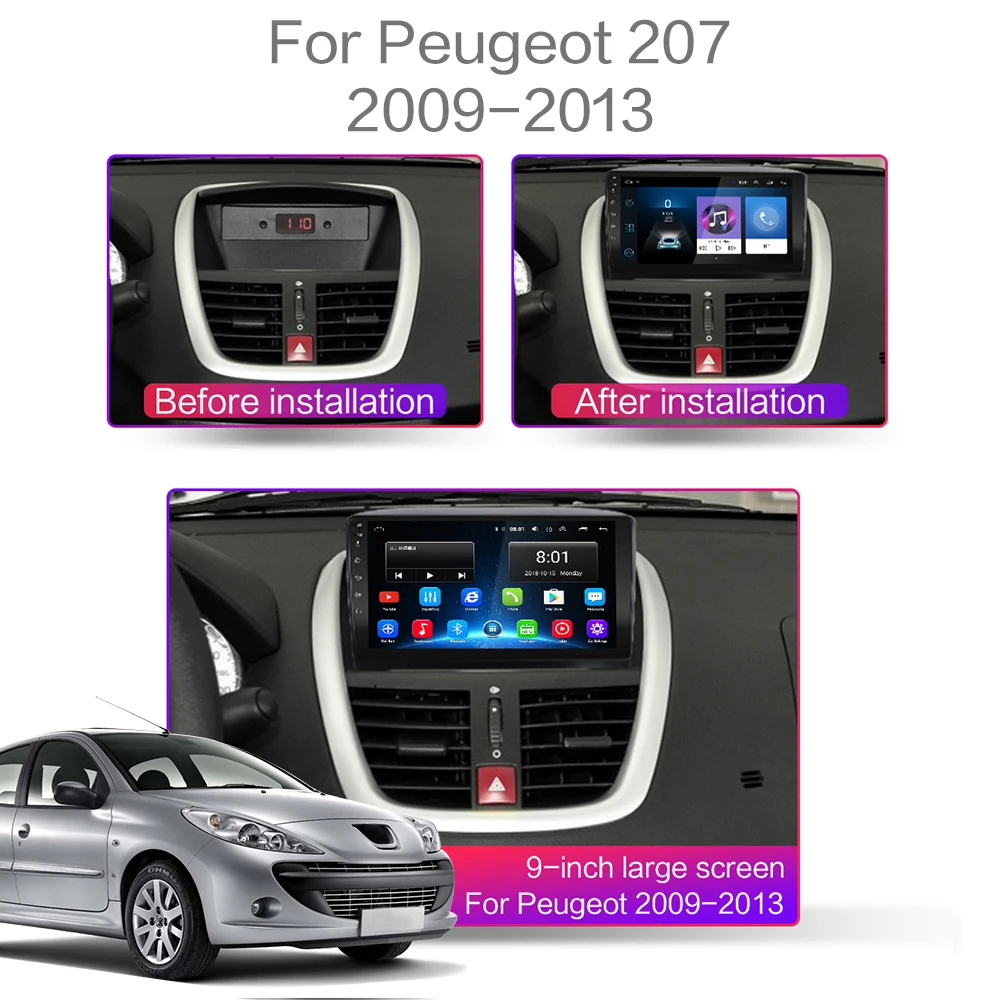 2 DIN 9 Inch Android 8.1 Car Multimedia Player WIFI GPS Navigation Stereo Automatic Radio for 2007-2013 Peugeot 207 207CC