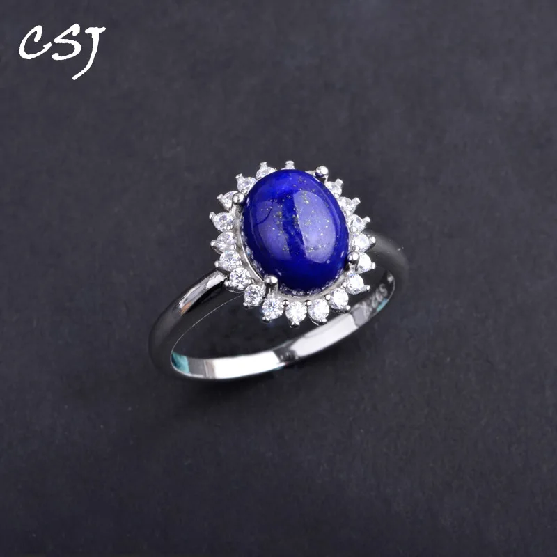 

CSJ Classic natural Lapis lazuli Rings Sterling 925 Silver Oval8*10mm fine jewelry Wedding Party for Women Lady Girl Gift box