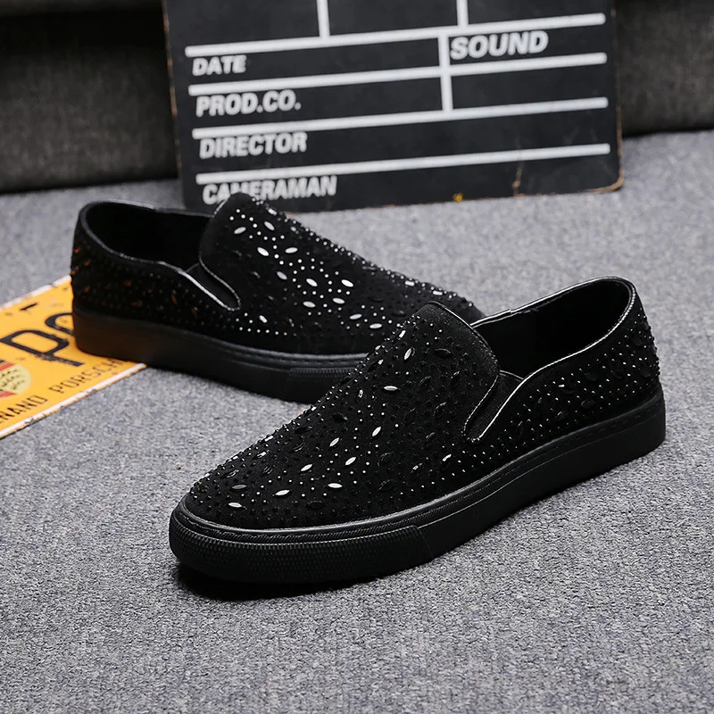 brand designer shoes for men leisure breathable genuine leather shoe slip-on rhinestone flats loafers punk hip hop runway show