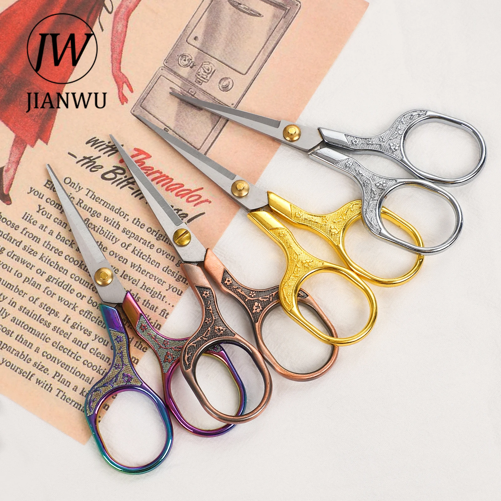 JIANWU 4 Colors Vintage Carved Stationery Scissors Handmade Needlework Small Scissors Home Office Cutting Tools School Supplies