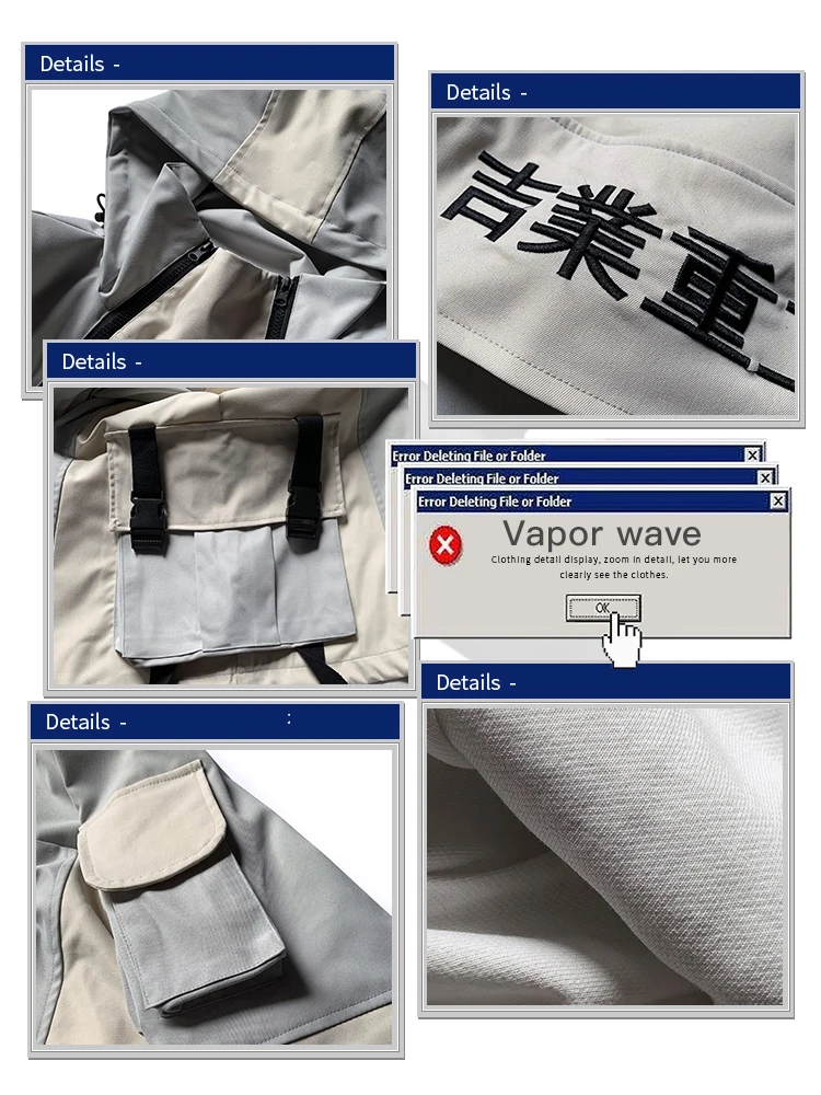 multi pocket stormsuit hiphop casual stitching Half Zip Hooded women Men's clothes Antique jacket Japanese style streetwear