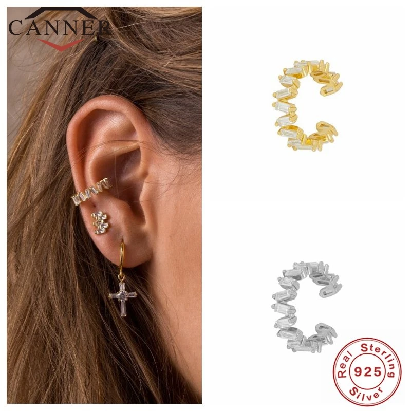 CANNER 925 Sterling Silver Ear Cuff Earrings for Women C Shape Cube Zircon Earcuff Clip on Earring No Piercing Earings Jewelry