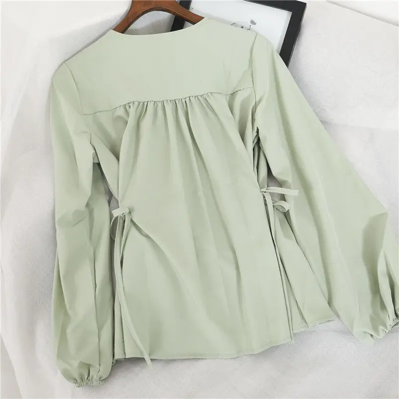 Spring Korean Lace-up Shirt Fashion Women Sweet Elegant Blousa V-neck Long Sleeve Chic Blouse Casual Vintage New Chiffon Tops