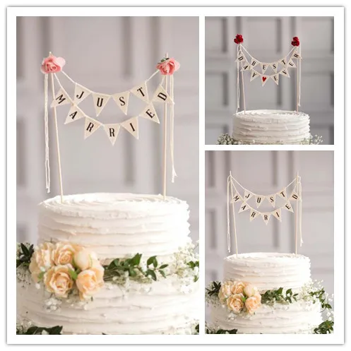 Wedding Cake Topper,Vintage Affair Rustic Just Married Wedding Cake Cheese Bunting,Handmade Pennant Flags with Wood Pole Ivory