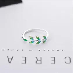 New Arrival Exquisite Green Leaf Epoxy Fashion 925 Sterling Silver Jewelry Atmosphere Creative Leaves Opening Rings R128