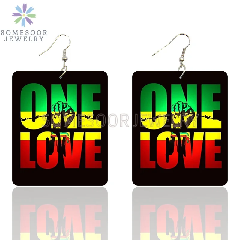 SOMESOOR Africa Colors One Love Rectangle Wooden Drop Earrings Black History Living Best Life Sayings Printed Dangle Women Gifts