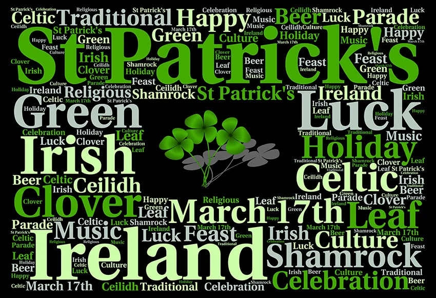 7x5FT  Happy Saint Patrick Day Word Cloud Green Lucky Clover Custom Photo Studio Backdrop Background Vinyl 220cm X 150cm