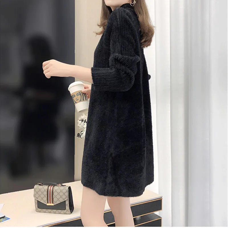 UHYTGF Mink Fleece Autumn Winter Sweaters Women Long Sleeve Half Turtleneck Pullover Bottoming Clothes Loose Big Size Tops 1890