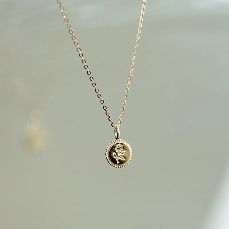 HI MAN 925 Sterling Silver Simple Rose Coin Pendant Necklace Women Plated 14K Gold European Sweet Love Jewelry Gift