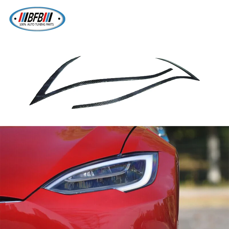 2 Pcs Dry Carbon Front Headlight Eyelids Eyebrows Cover Trim For Tesla Model S 2016-2018