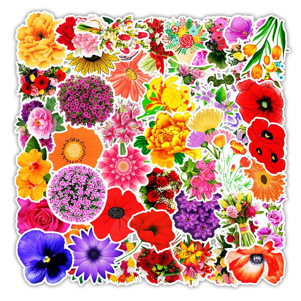 50Pcs/set Beautiful Colorful Flowers Blooms Memo Stickers for Laptop Car Skateboard Helmet Suitcase Stationery gift For kids