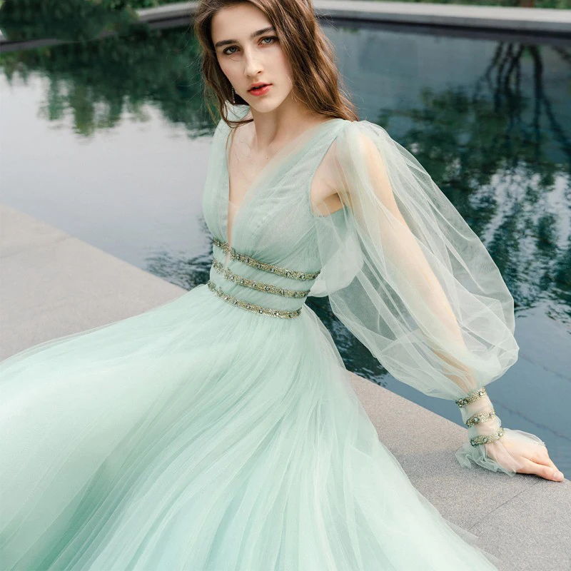 Abendkleider Mint Green Evening Dress Puff Sleeve V Neck Prom Formal Dresses Beading Belt Long Evening Gown vestidos de festa