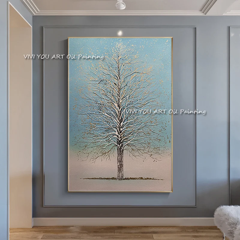 Winter Bare Tree Canvas, Gold Speck Pastel Background, Hand‑Painted Vertical Impasto Oil Painting For Serene Modern Entryway