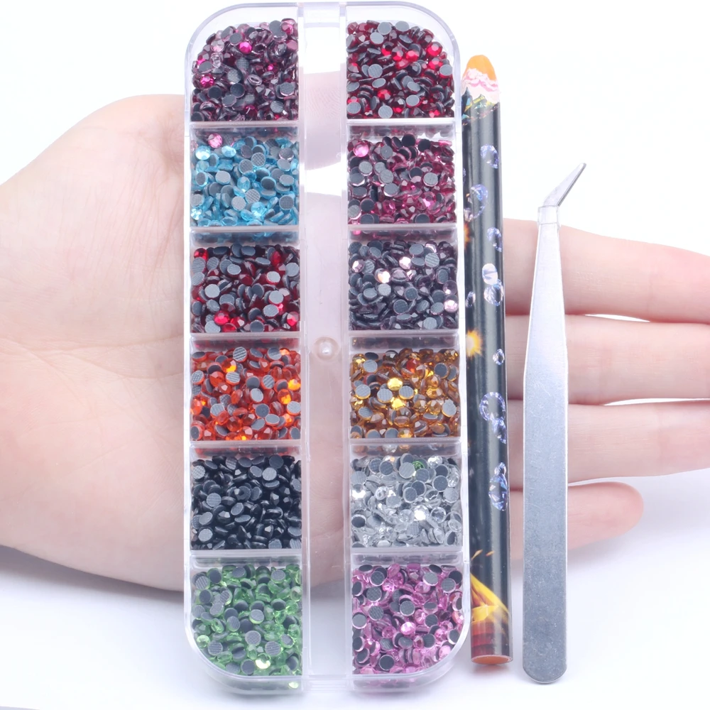 

Hot Sale New Hot fix Rhinestones 12 Boxed Flatback Glass Rhinestones With 2 Tools 2500pcs Hair Accessories DIY Nail Jewelry