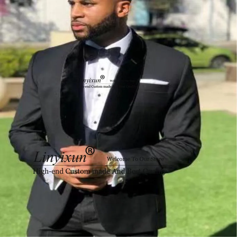 

Black Men Suits Slim Fit Velvet Shawl Lapel Groom Wedding Tuxedos 3 Pieces Sets Business Male Blazer Groomsmen Terno Masculino