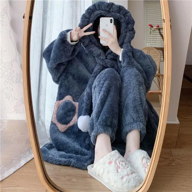 Schattige Mooie Pyjama Set Dames Winter Dikker Nachtkleding Kimono Robe Jurk Met Capuchon En Broek Warm Losse Huiskleding Flanellen Pakken