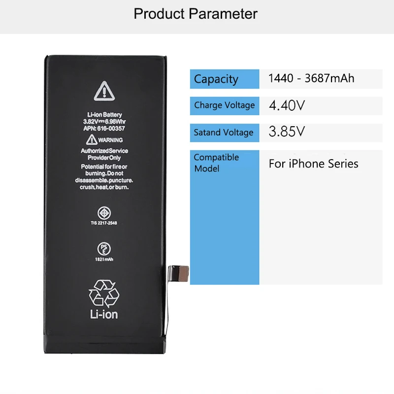 Battery for iPhone X 6 6s 7 8 plus XR XS Max Rechargeable Battery Pack for iPhone 12 11 pro Max 12mini 5S SE Replacement Bateria