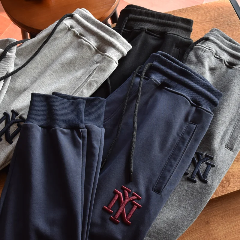 

Осенние американские простые махровые спортивные брюки с вышивкой, мужская мода, чистый хлопок, свободные спортивные повседневные брюки с эластичным поясом на шнурке