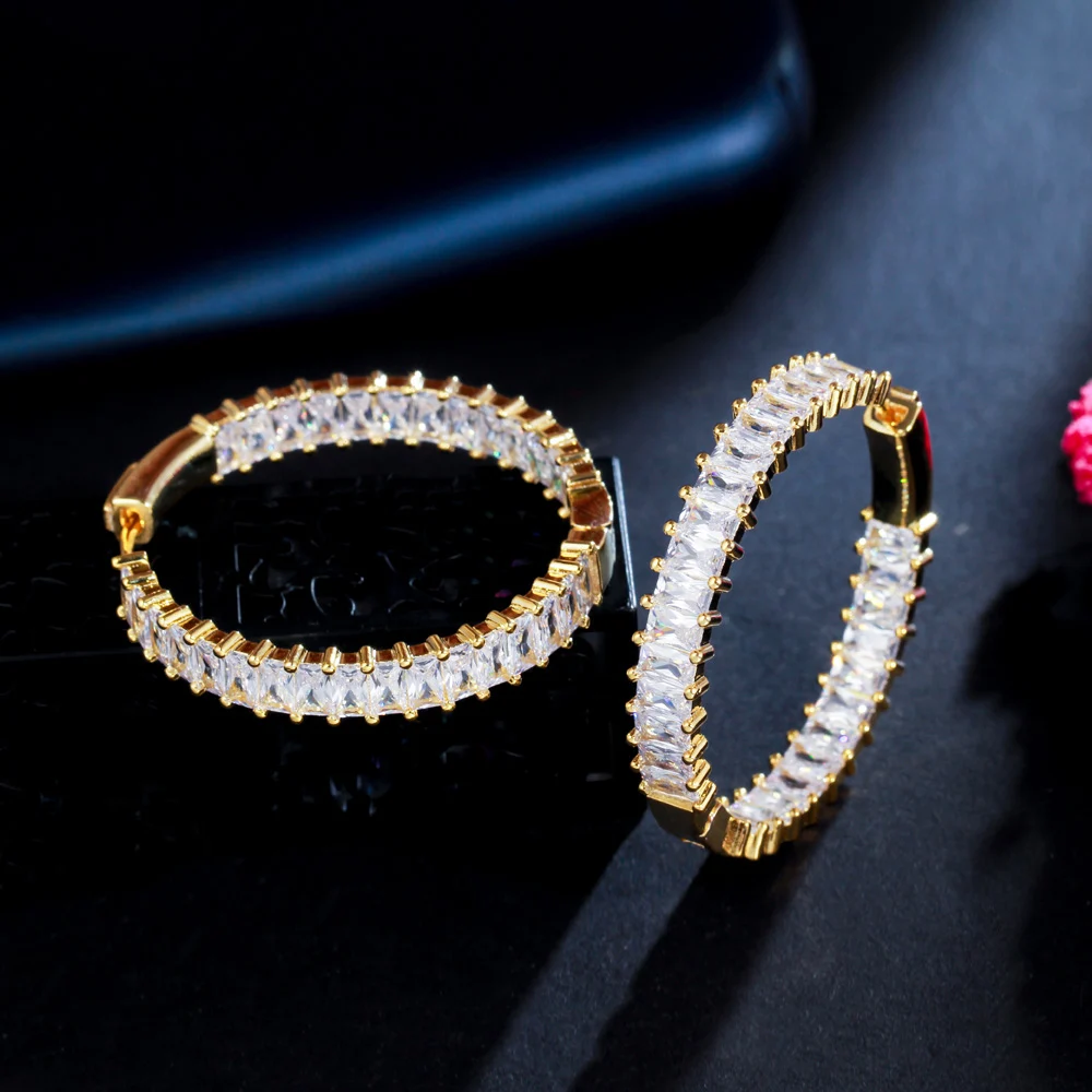 CWWZircons Schicke Baguette-Bambus-Zirkon Große Runde Creolen für Damen Luxus-Statement-Designerschmuck Großhandel E0740 – Detail 8