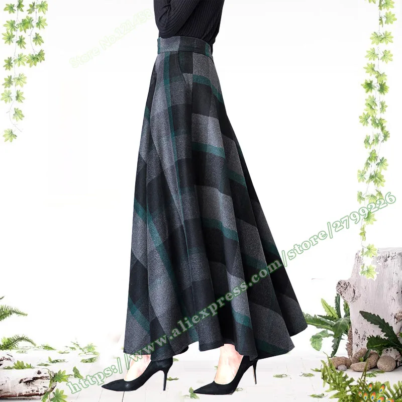 2021 Female Large Plus Size Casual Elegant Retro Woolen Cashmere Plaid Thick Warm A-line Maxi Long Ladies Skirts for Womens