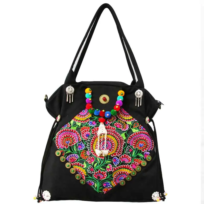 Bohemian Female bag Black thicken canvas bag Large size Shoulder bag Naxi.Hani handmade Ethnic embroidery women hanabags