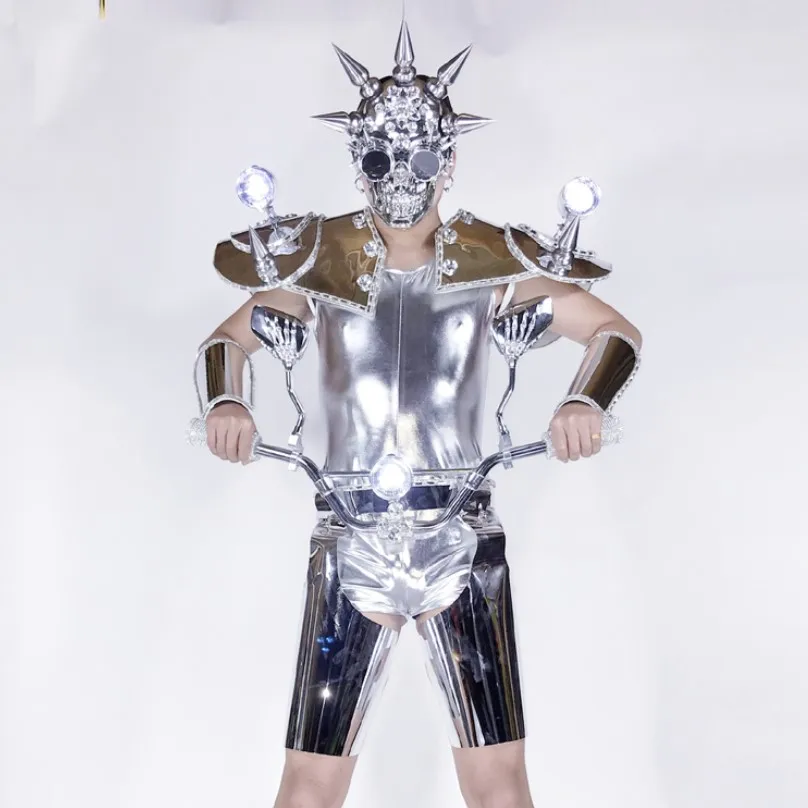 future technology Silver Mirror disco costume Halloween stage performance space armor motobike woman led costumes