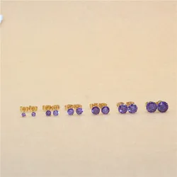 Size 3mm to 8mm 316L Stainless Steel Purple Color Round Zircon Stud Earrings No Fade Allergy Free Brief Jewelry
