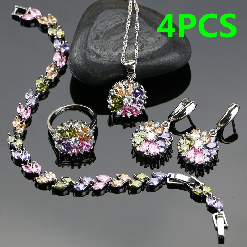 Bride 925 Silver Jewelry Sets For Women Flower With Multicolor Cubic Zirconia Necklace/Ring/Earrings/Bracelet/Pendant