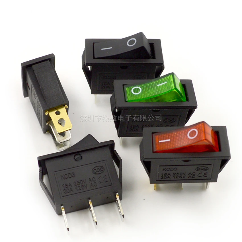 20PCS/Lot KCD3  Boat Rocker Switch 3Pin 3P 2-Positions 16A 250V Black/Red/Green 30*13.5mm