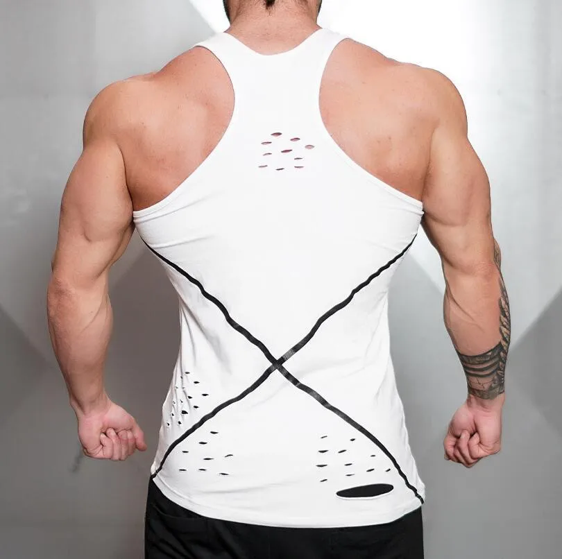 Sports Fitness Men‘s Leisure Outdoor Ripped Cotton Neck Vest Summer New Mens Running Training Gym Clothes Thin T-shirt -40