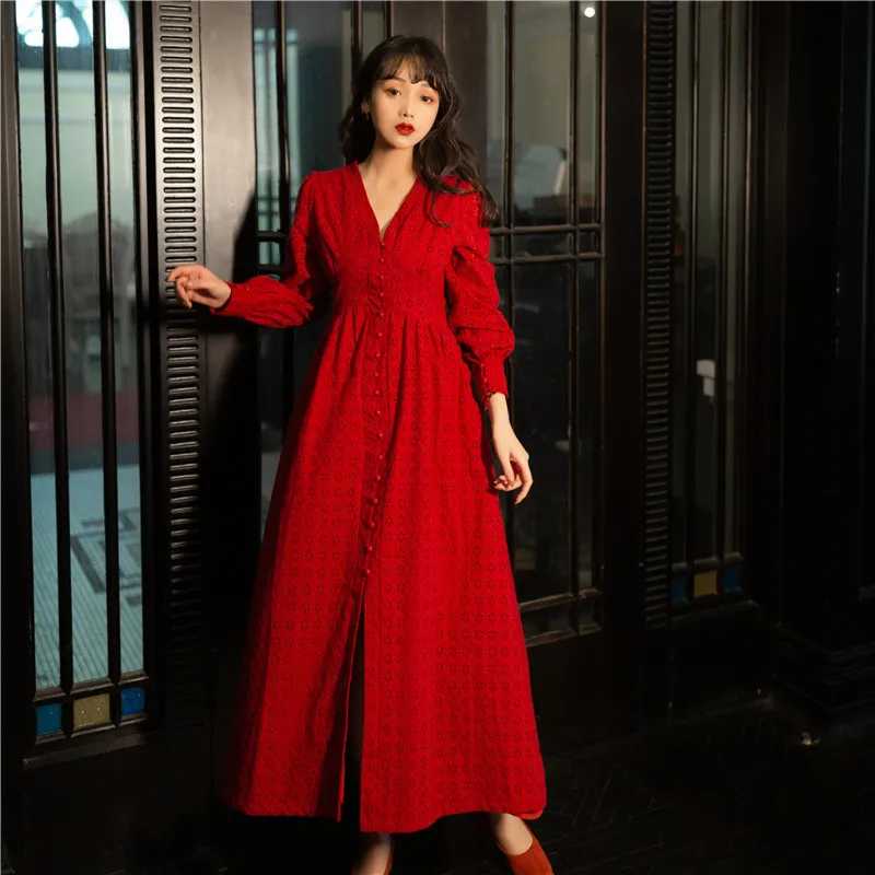 

Boho Vintage Elegant Party Dress 2021 Autumn Korean Women V-Neck Long Sleeve Lace Hollow Out Red A-line Dress