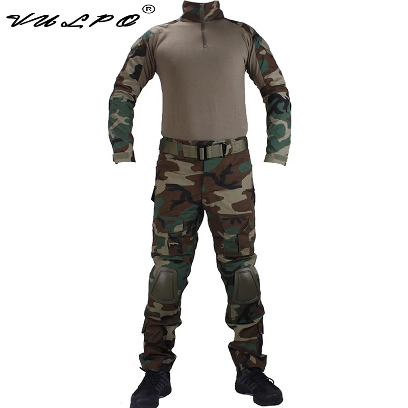 VULPO Camouflage BDU Woodland Combat Uniforms Shirt/Broek & Elbow/Knee Pads Militaire Game Cosplay Uniform