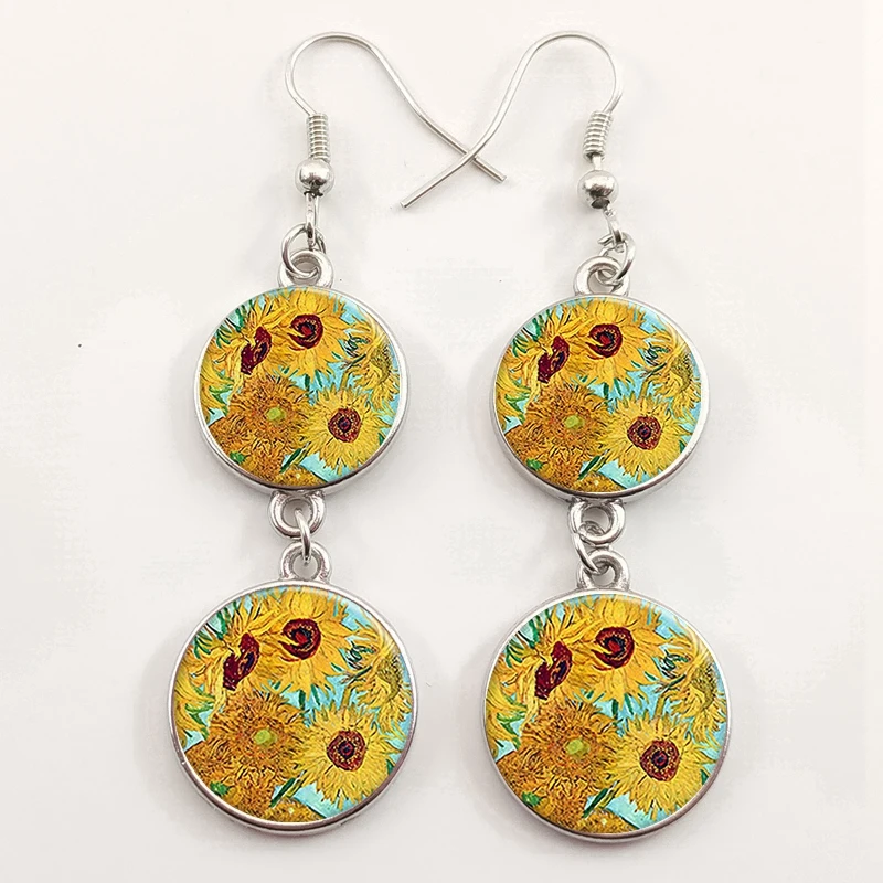 Fashion Van Gogh Sunflower Starry Night Glass Cabochon Pendant Statement earring Jewelry Handmade Gifts for Women