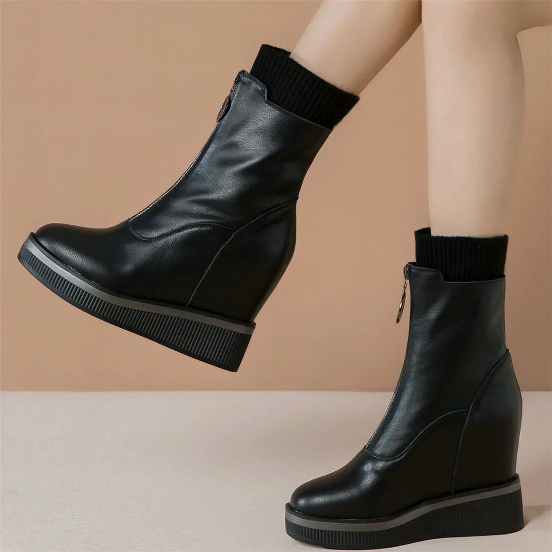 

2024 Platform Pumps Shoes Women Genuine Leather Wedges High Heel Ankle Boots Female Round Toe Fashion Sneakers Casual Shoes