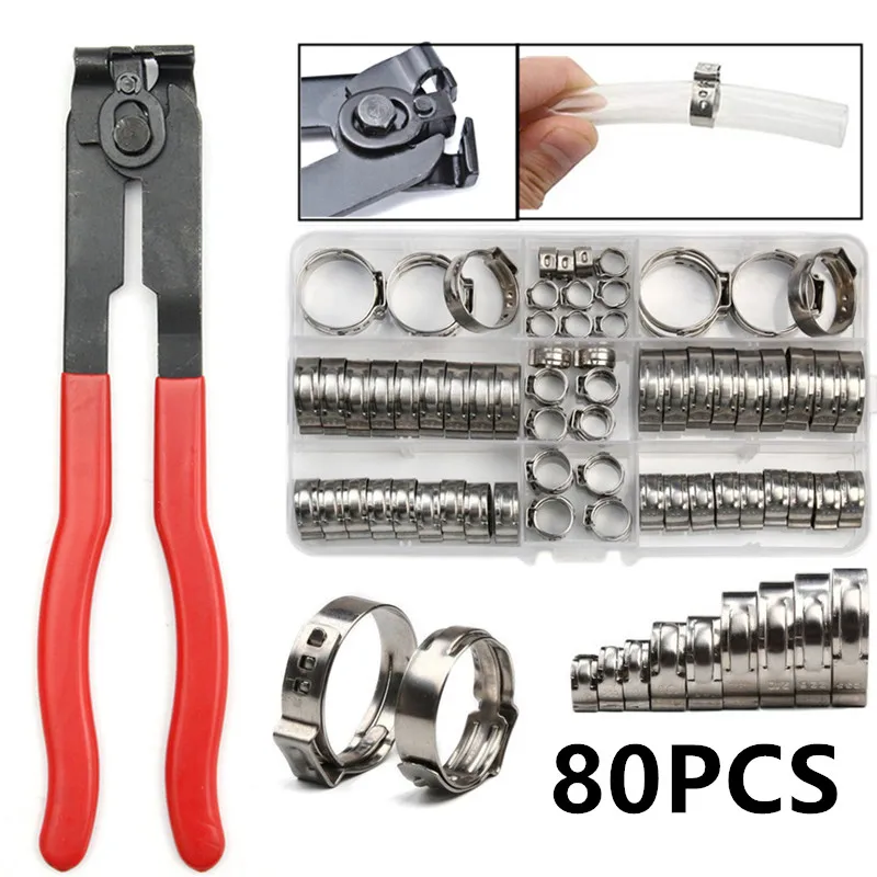 

80PCS Single Ear Stepless Hose Clamps 5.8-23.5mm 304 Stainless Steel Hose Clamps Clamp Plier Car Repairs Kits