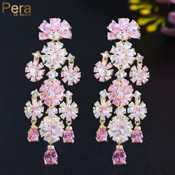 Pera Sweet Tassel Pink Flower CZ Crystal Gold Plated Long Drop Earrings Engagement Party Jewelry for Bridal Accessories E857