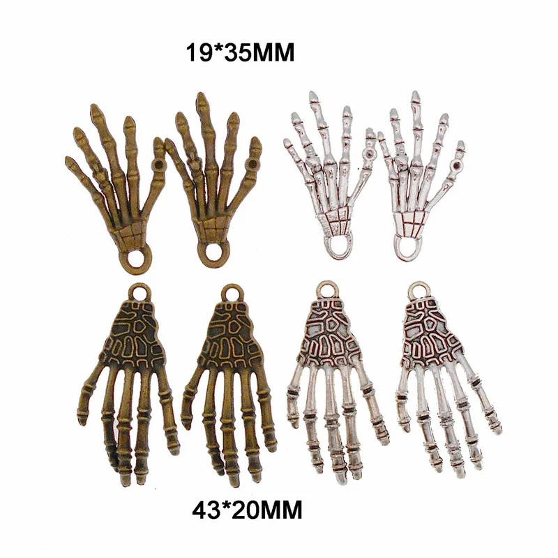 Julie Wang 8PCS Hand Bone Charms Halloween Alloy Punk Skull Skeleton Antique Color Pendant Bracelet Jewelry Making Accessory