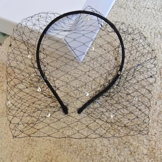 Diadema de boda con cuentas de cristal para novia, accesorios para el cabello negro, jaula de pájaros, máscara de red facial blanca, velos encantadores, fascinador