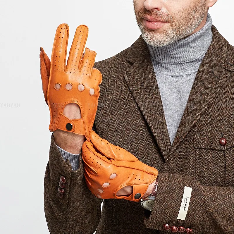 Fashion Accessories Male Spring Genuine Leather Glove Men Real Sheeskin Black/Brown Thin Luva Driving Riding Deri Eldiven Holes