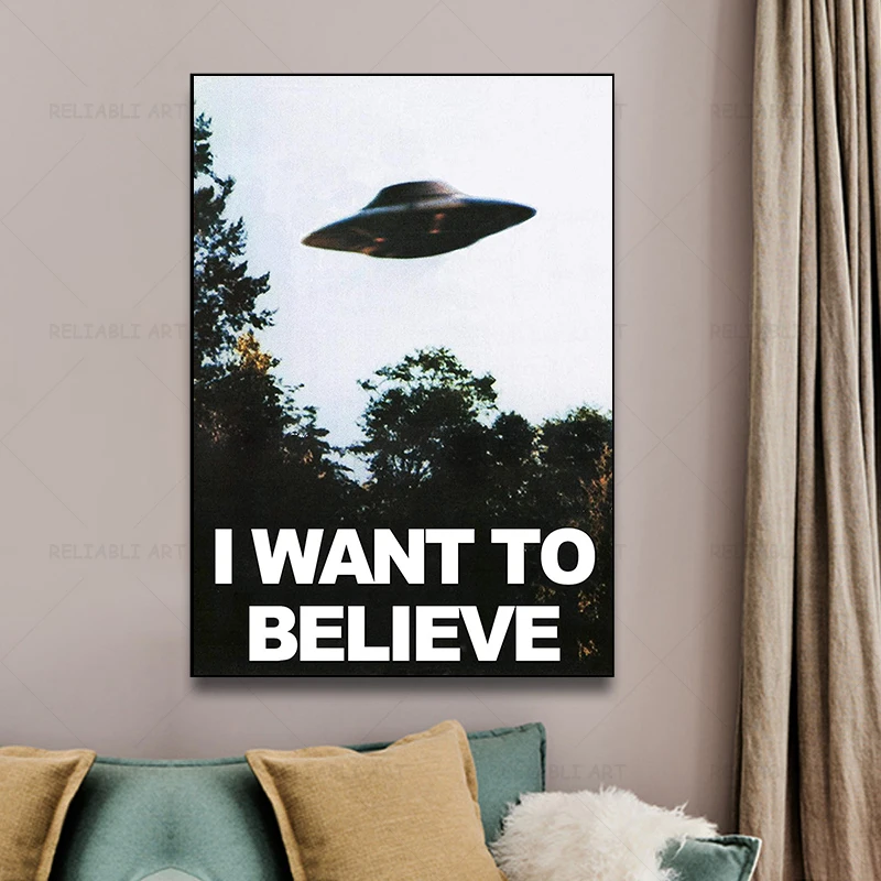 Spaceship Wall Print I Want To Believe Canvas Painting UFO Wall Art Home Decor Mulders Office Posters and Prints Unframed