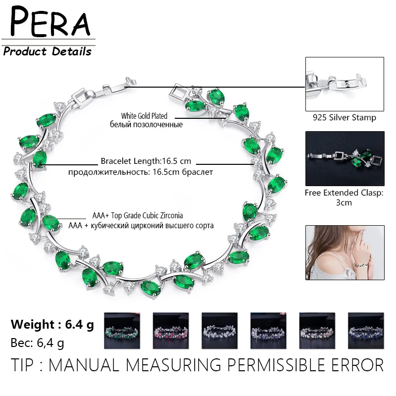 Pera 6 Colors Options Silver Plated Green Stone Leaf and Flower Big Cubic Zirconia Charm Bangle Bracelets Jewelry for Women B043