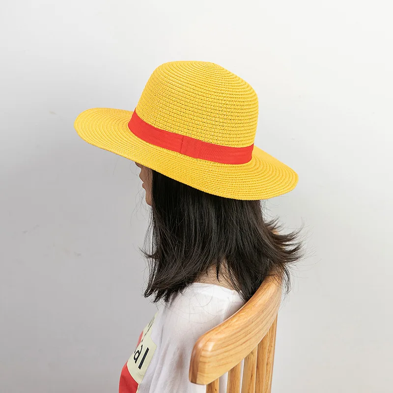 Luffy Unisex Amarelo palha plana Pescoço String, Chapéu Cosplay, Adereços desenhos animados japoneses, Brdwn