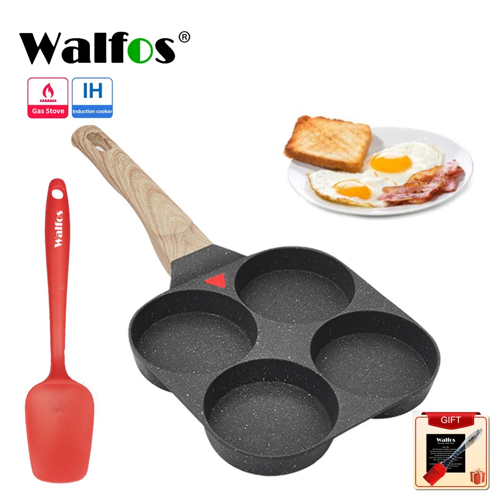 

WALFOS 4 Holes Pancake Omelet Frying Pan Hamburger Steak Non Stick Pot with Silicone Spatula Round Egg Mold Kitchen Accessories