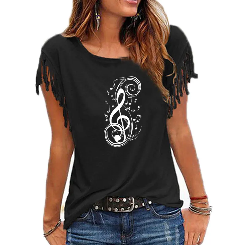 Nowe mody kobiet nuta wydruk graficzny kobiet bawełniany pompon luźna koszulka damska koszulki z krótkim rękawem O-neck Femme t shirt
