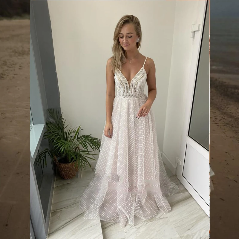 Princess Wedding Dress Bohemian Rustic Boho Civil Sweep Train Bridal  Gown Sleeveless Spaghetti Strap Beach Elegant For Women