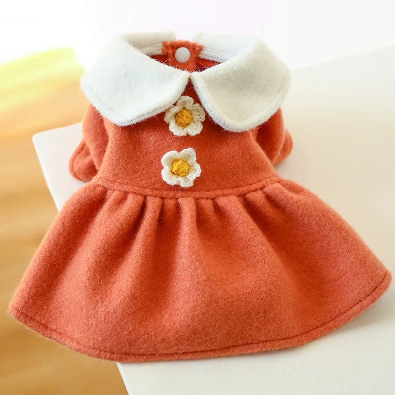 Winter Pet Dog Clothes Warm Dress Princess Puppy Doll Collar Flower Woolen Skirt Cold Tutu Coat Dress For Small Dogs Pet Apparel