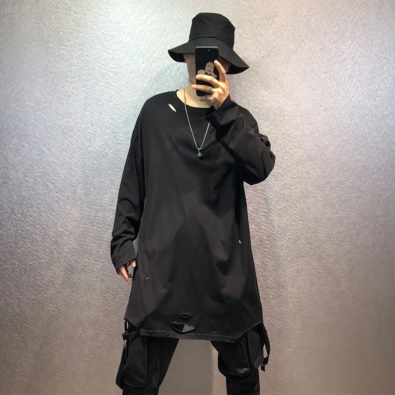 

Men's new personality hole irregular hem design solid color long sleeve youth trend street hip-hop loose large size T-shirt