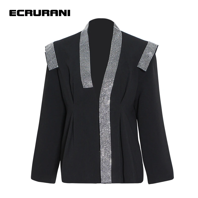 ECRURANI Patchwork Diamonds Black Blazer For Women Notched Long Sleeve Hit Color Casual Blazers Female New Clothing 2021 Stylish