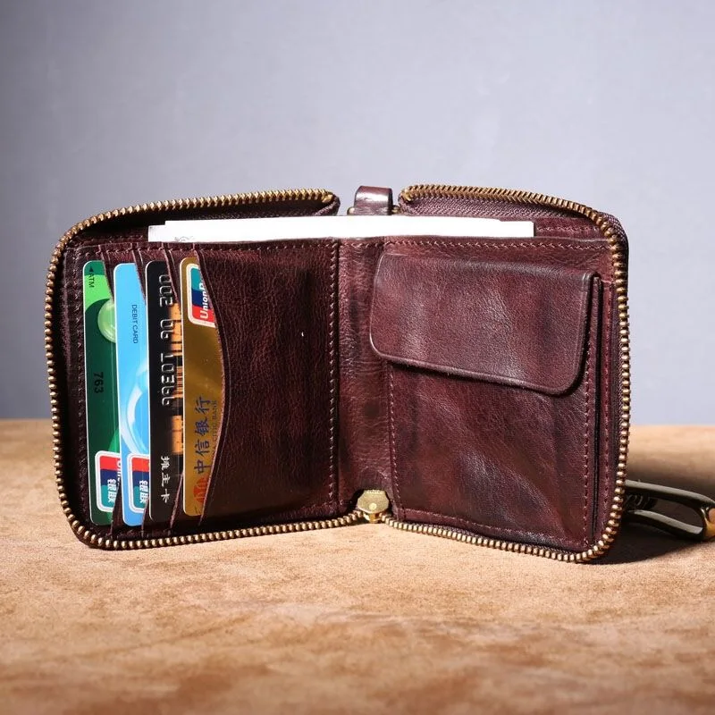 Top Quality Handmade Retro Natural Vegetable Tanned Cowhide Brass Chain short Multi-function Wallet Card Holder