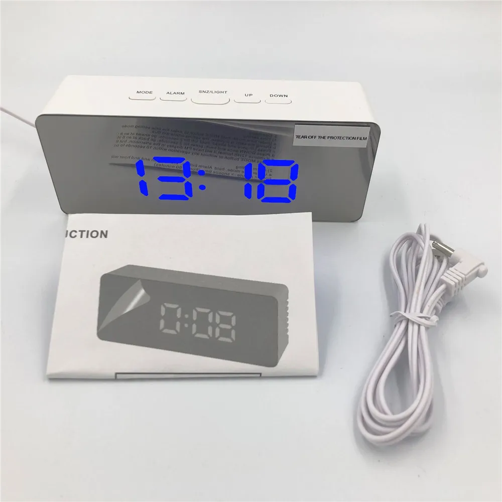 Table Clock Alarm Clock Snooze LED Digital Mirror Clock Time Temperature Large Electronic Display Rectangle Digital Desk Clock